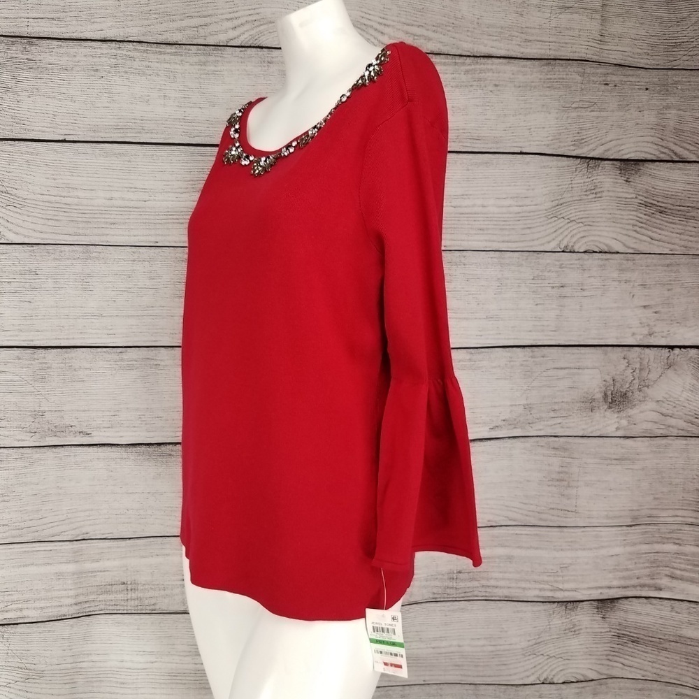 Charter Club NWT Pullover Sweater Bell sleeves Embellished Knit Red Petite PL